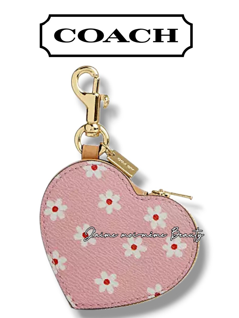 Coach Baby Pink Blush Pink Floral Heart Coin Purse with Gold Hardware - New
